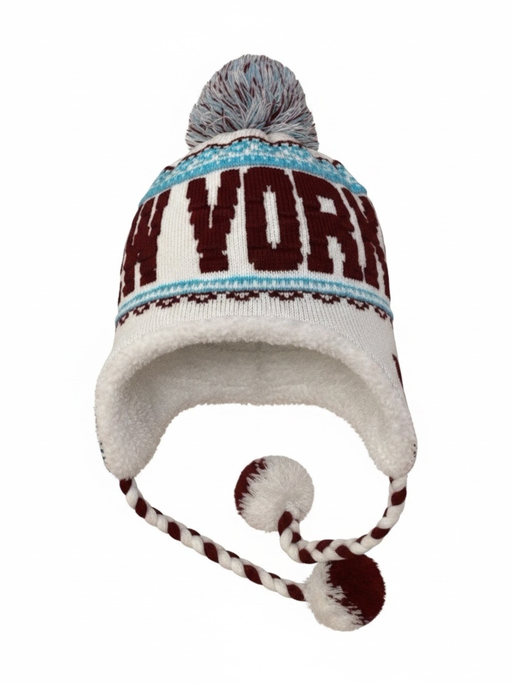 NEW YORK Beanie Trapper Hat w/ Ear Flaps, Braided Ties and Pom Poms WHT-BLU-BUR